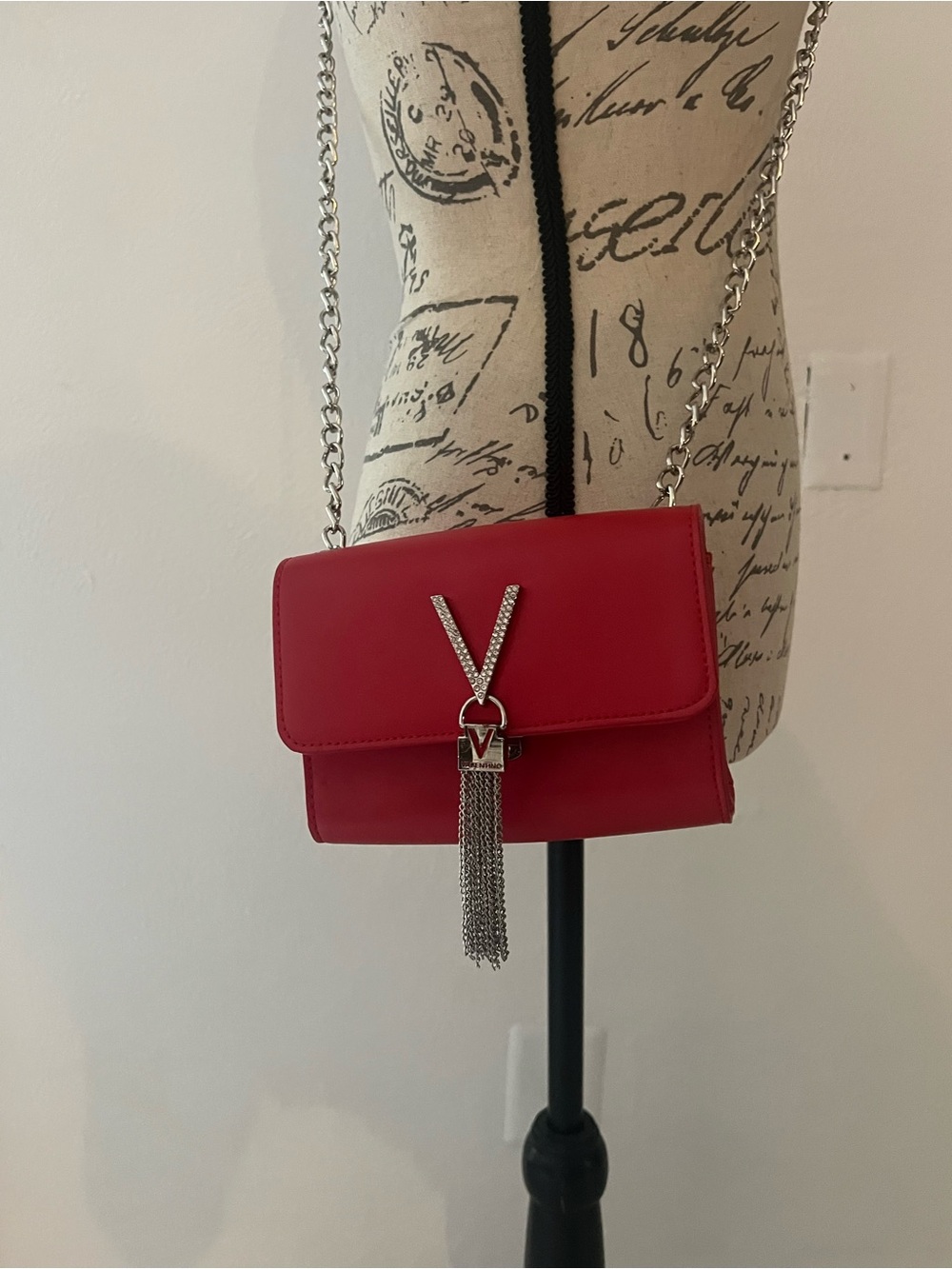 Valentino By Mario Valentino Red Crossbody with V Tassel and Silver Chain